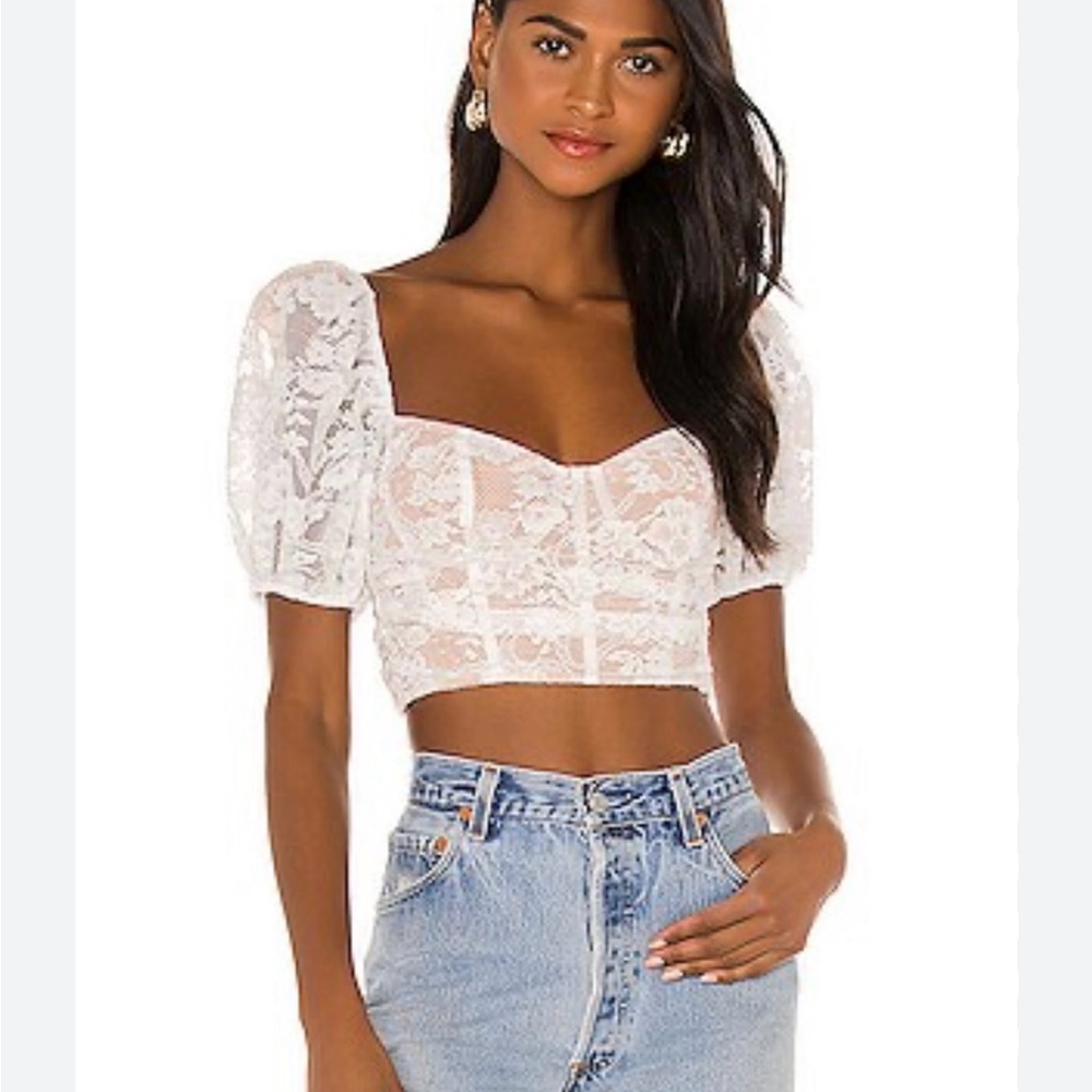 NWT! For Love & Lemons Rosalie size large White Lace Puff Sleeve Crop Top